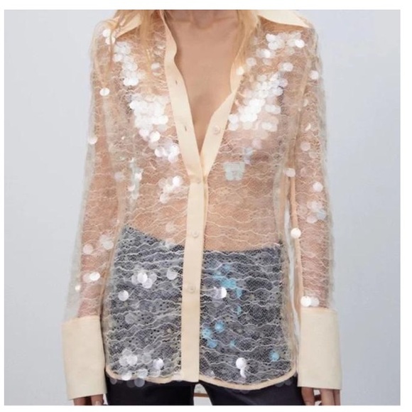 Zara Sequin Button Down semi sheer Cream Shirt Top sz.XS - Picture 3 of 16